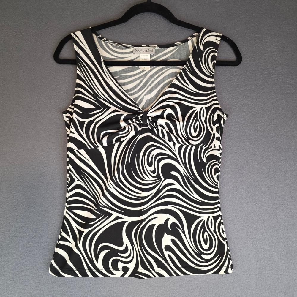 Body Central Tank Top Womens Small Black White Psychedelic‎ Swirl V-Neck Blouse